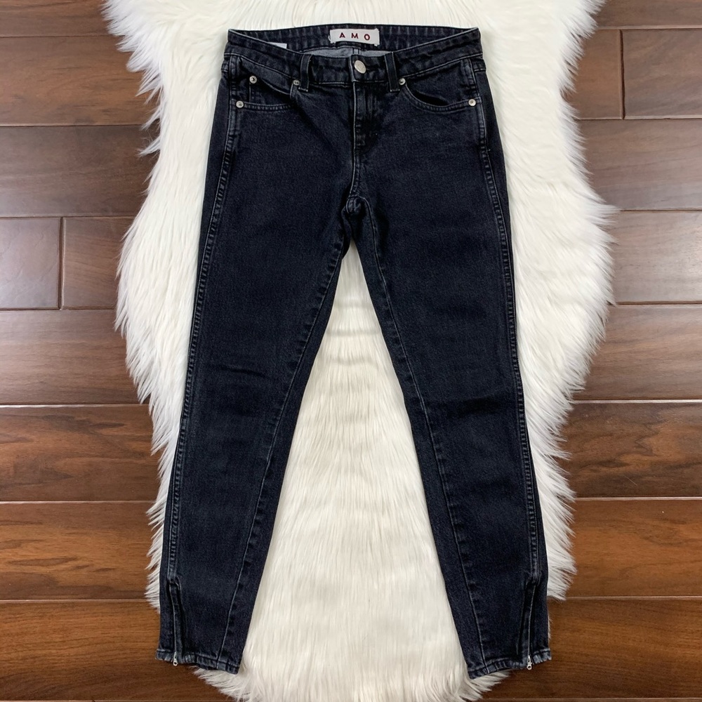 AMO Twist Zip Ankle Skinny Jeans in Black Jett 24